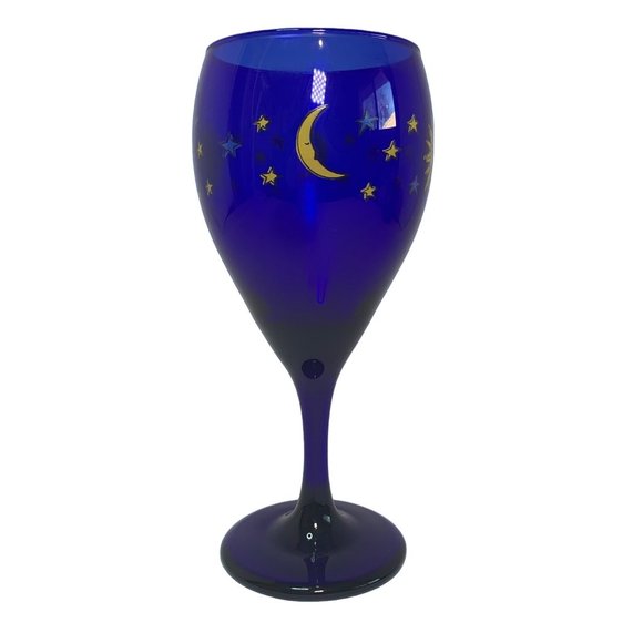 Vintage Libbey Cobalt Blue Glass Celestial Sun Moon & Stars Wine Glass 7… - Picture 2 of 7